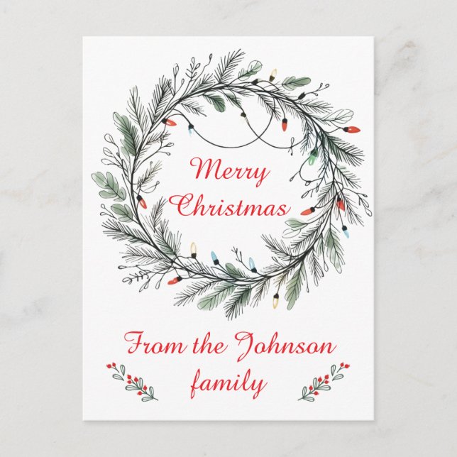 Minimalist Christmas Wreath and Lights Postcard (Front)