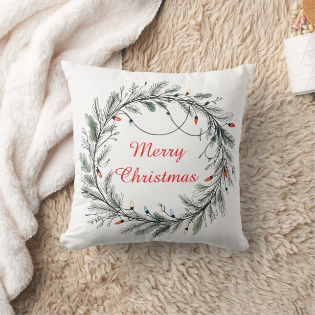 Minimalist Christmas Wreath and Lights Throw Pillow (Blanket)