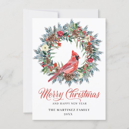 Minimalist Christmas Wreath Cardinal Greeting Holiday Card