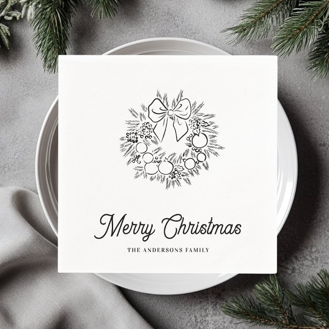 Minimalist Christmas Wreath Line Art Personalized  Napkins (Creator Uploaded)