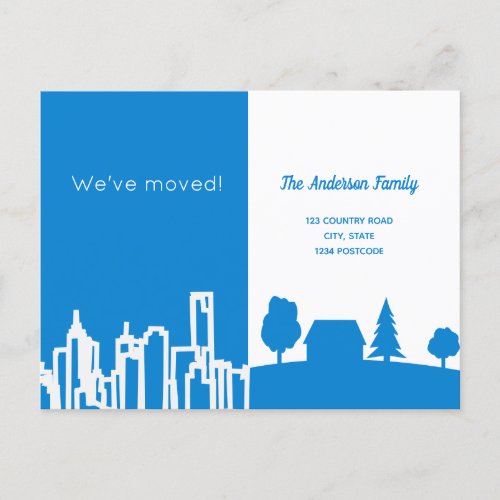Minimalist city blue country we moved announcement postcard