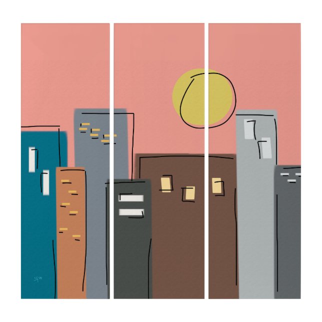 Minimalist City Skyline Urban Architecture Artwork Triptych (Front)