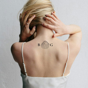 Minimalist Clam Seashell Monogram Wedding Favor Temporary Tattoos