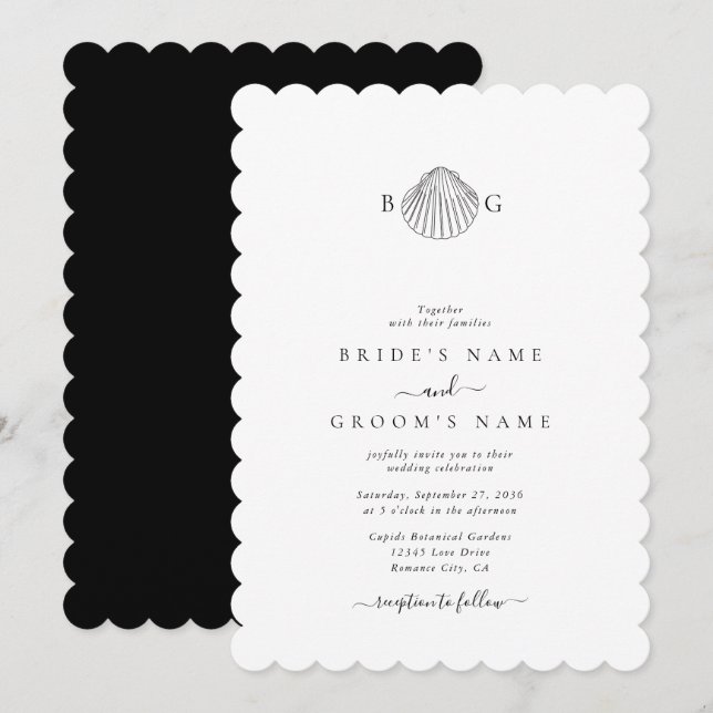 Minimalist Clam Seashell Monogram Wedding Invitation (Front/Back)