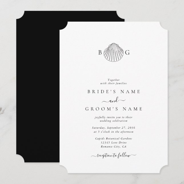 Minimalist Clam Seashell Monogram Wedding Invitation (Front/Back)