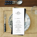 Minimalist Clam Seashell Monogram Wedding Menu<br><div class="desc">A minimalist tropical clam monogram wedding design. A simple design that uses a sketch of a clam seashell to create an elegant classic monogram. A charming black and white tropical beach design with rustic strokes and classy script typography. An elegant coastal beach themed wedding menu card design with modern elements....</div>