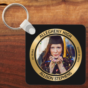 Minimalist Class Reunion Photo - Black Gold Tone Keychain