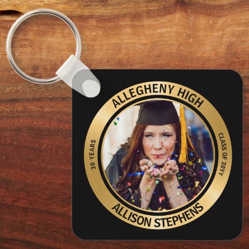 Minimalist Class Reunion Photo _ Black  Gold Tone Keychain