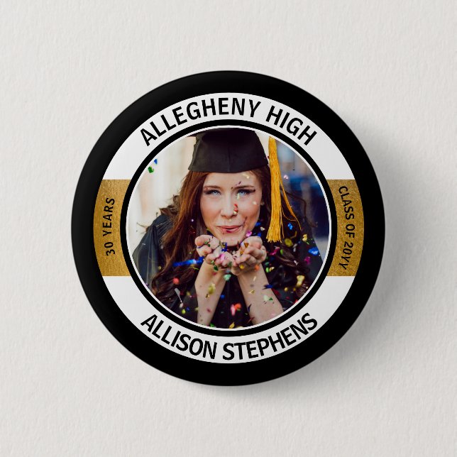 Minimalist Class Reunion Photo -Black Gold White Button (Front)