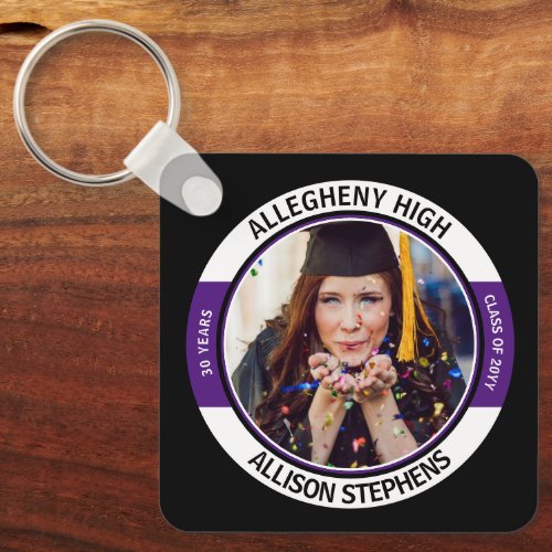 Minimalist Class Reunion Photo _Black Purple White Keychain