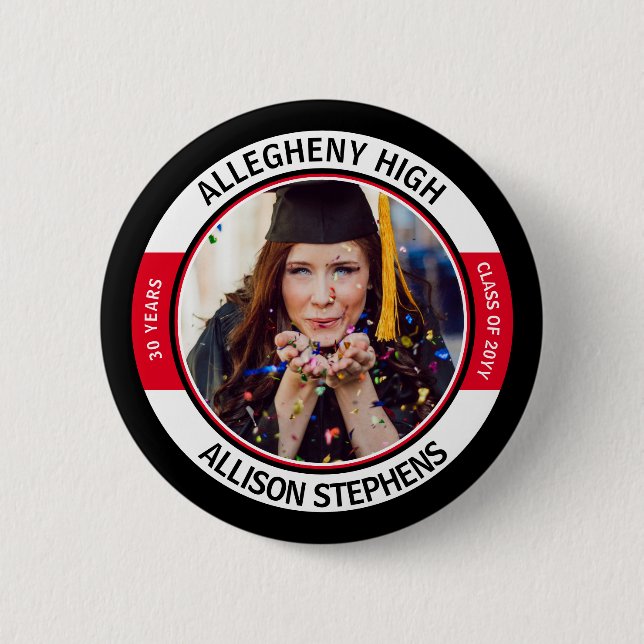 Minimalist Class Reunion Photo - Black Red White Button (Front)