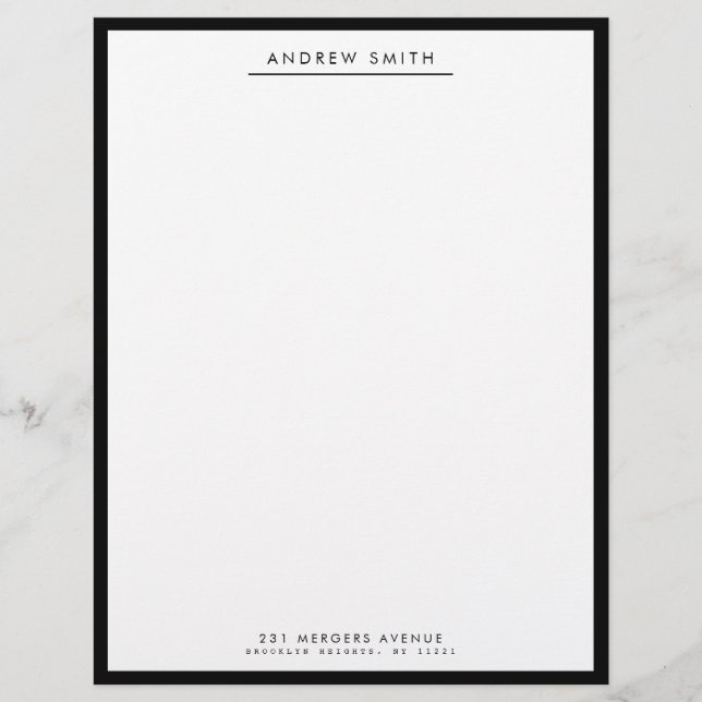 Minimalist Classic Black Simple Line Name Address Letterhead (Front)