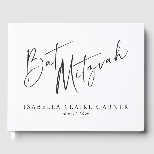 Minimalist Classic Black White Custom Bat Mitzvah Guest Book (Front)