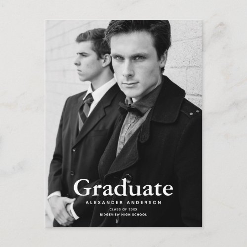 Minimalist Classic Black  White Photo Graduation Announcement Postcard