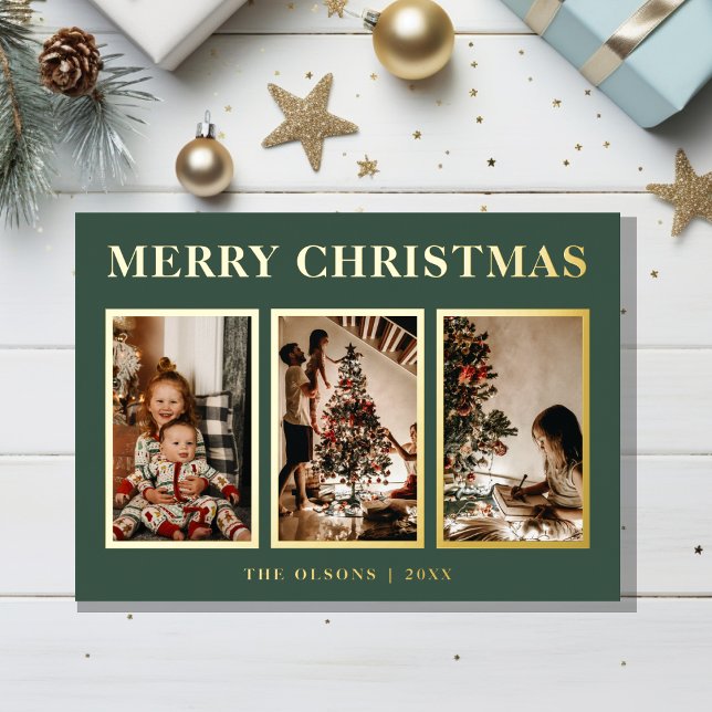 Minimalist Classic Christmas Green Three Photo Foil Holiday Card (Creator Uploaded)