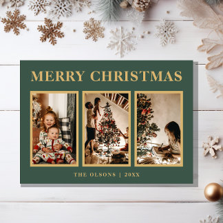 Minimalist Classic Christmas Green Three Photo Holiday Card