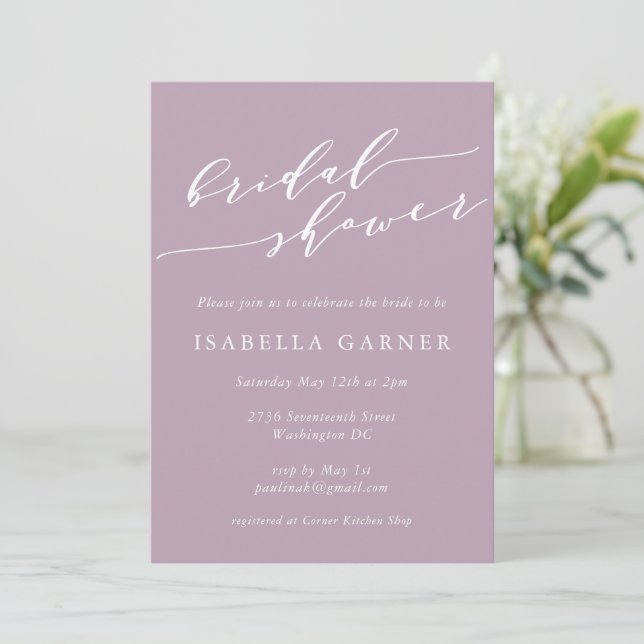 Minimalist Classic Dusty Lilac Bridal Shower Invitation (Standing Front)