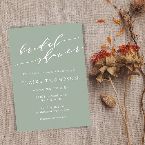 Minimalist Classic Dusty Sage Green Bridal Shower Invitation