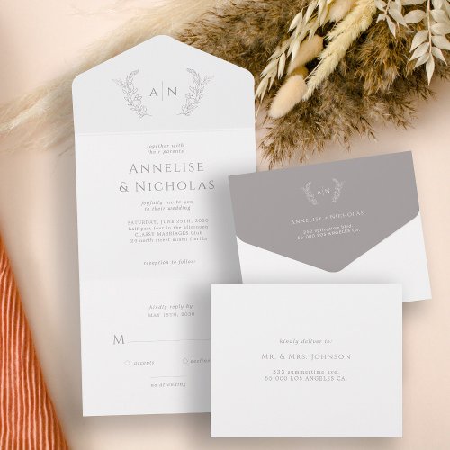 Minimalist classic formal leaf monogram wedding all in one invitation
