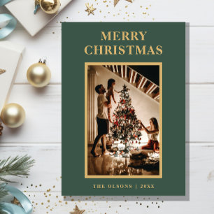 Minimalist Classic Green Merry Christmas Photo Holiday Card