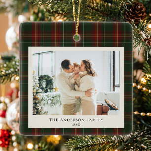 Minimalist Classic Green Plaid Christmas Photo Ceramic Ornament