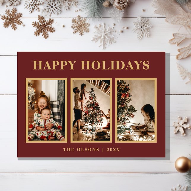 Minimalist Classic Holidays Red Three Photo Holiday Card (Creator Uploaded)