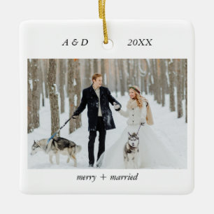 Minimalist Classic Merry and Married Photo Ceramic Ornament