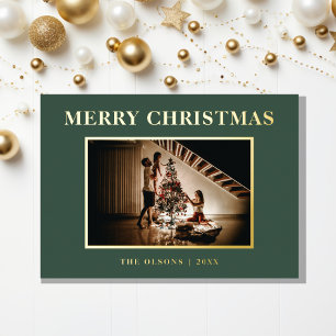 Minimalist Classic Merry Christmas Green Photo Foil Holiday Card