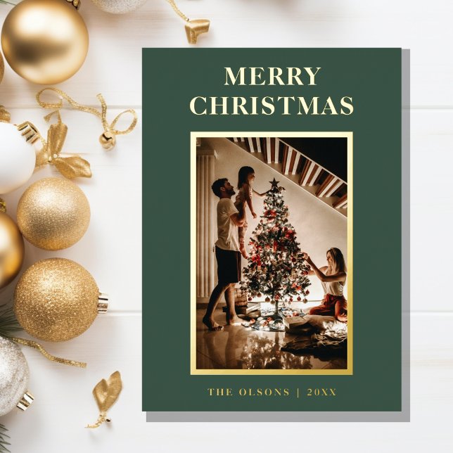 Minimalist Classic Merry Christmas Green Photo Foil Holiday Card (Creator Uploaded)