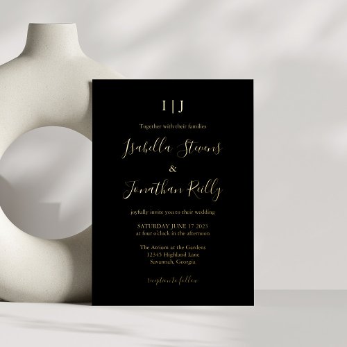 Minimalist Classic Monogram Wedding Black Gold Foil Invitation