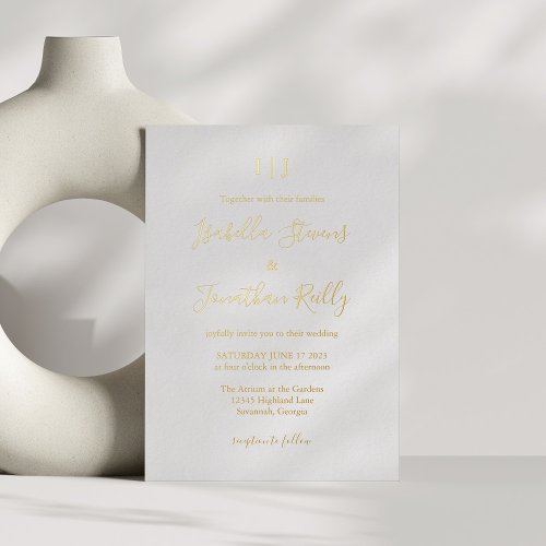 Minimalist Classic Monogram Wedding White Gold Foil Invitation