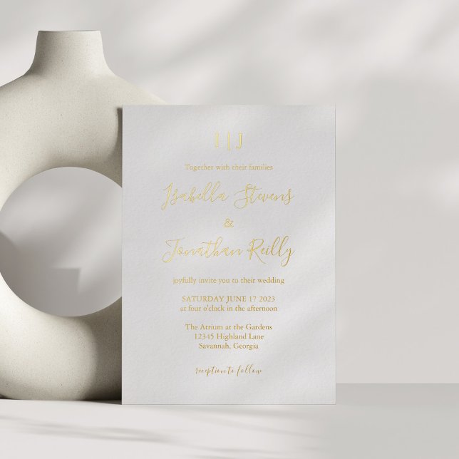 Minimalist Classic Monogram Wedding White Gold Foil Invitation (Creator Uploaded)