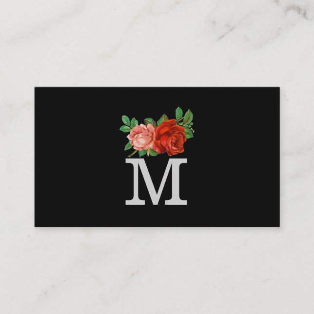 Minimalist Classic Monogram with Roses Business Card (Front)