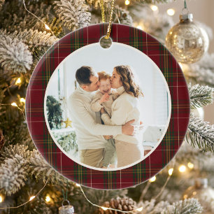 Minimalist Classic Red Plaid 2 Photo Christmas Ceramic Ornament