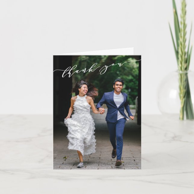 Minimalist Classic Script Wedding Photo Message Letterpress Thank You Card (Front)