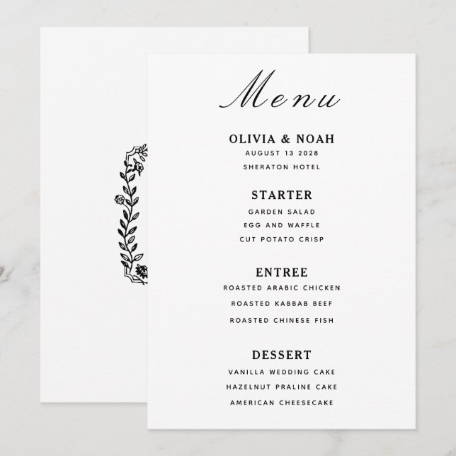 Minimalist classic simple Black & White Menu  (Front/Back)