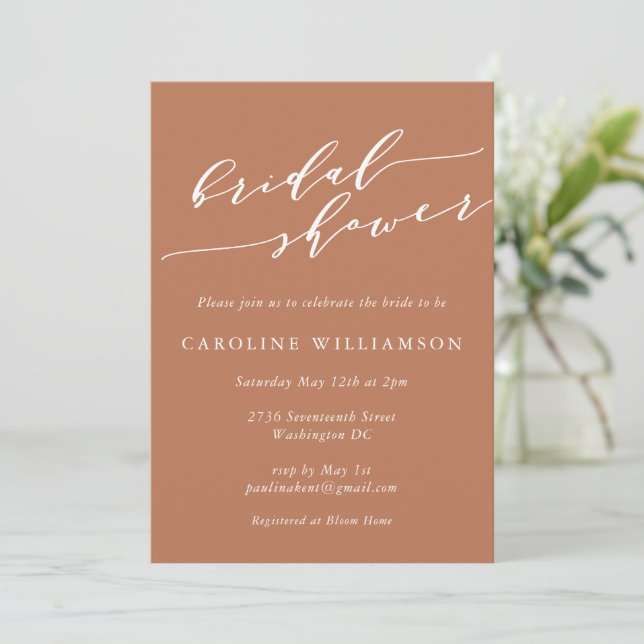 Minimalist Classic Terracotta Boho Bridal Shower Invitation (Standing Front)