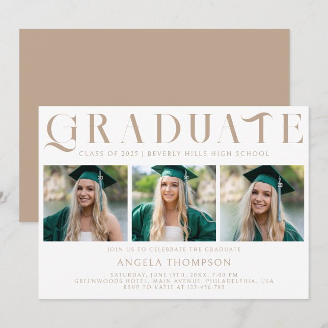 Minimalist Classic Typography 3 Photo Graduation Invitation (Front/Back)