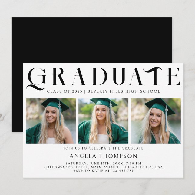 Minimalist Classic Typography 3 Photo Graduation Invitation (Front/Back)