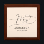 minimalist classic Wooden Jewelry Keepsake Box<br><div class="desc">The design shows an elegant minimalist jewelry keepsake box in black and creme. A beautiful unique "mrs" text in whimsical calligraphy at the top and a customizable surname and date at the bottom. The design is extremely unique and classic and will be an elegant item to give any bride or...</div>
