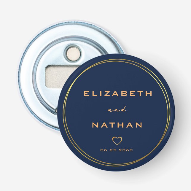 Minimalist Classy Gold Circle Navy Blue Wedding Bottle Opener (Front)