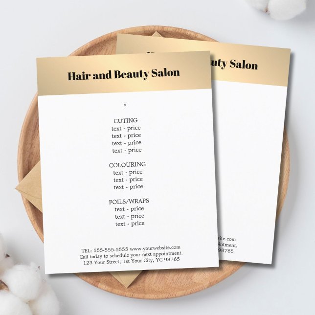 Minimalist Clean Faux Gold Stripe Hairstylist Menu Flyer (Creator Uploaded)