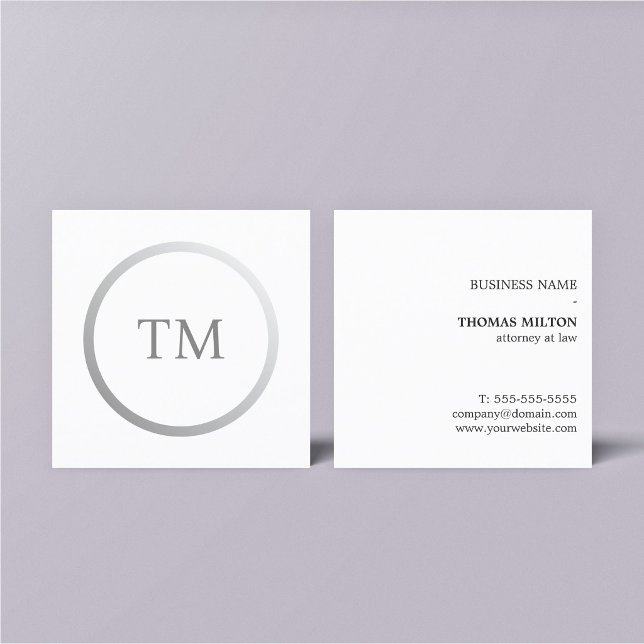 Minimalist Clean Faux Silver Monogram Attorney Square Business Card (Creator Uploaded)