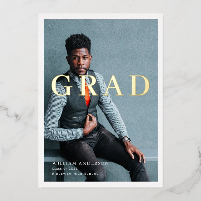 Minimalist Clean Photo Navy Blue Graduation Party Foil Invitation (Front)