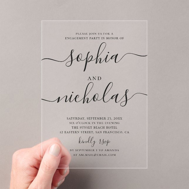 Minimalist Clear Engagement Party | Elegant Script Acrylic Invitations (Insitu (Handheld))
