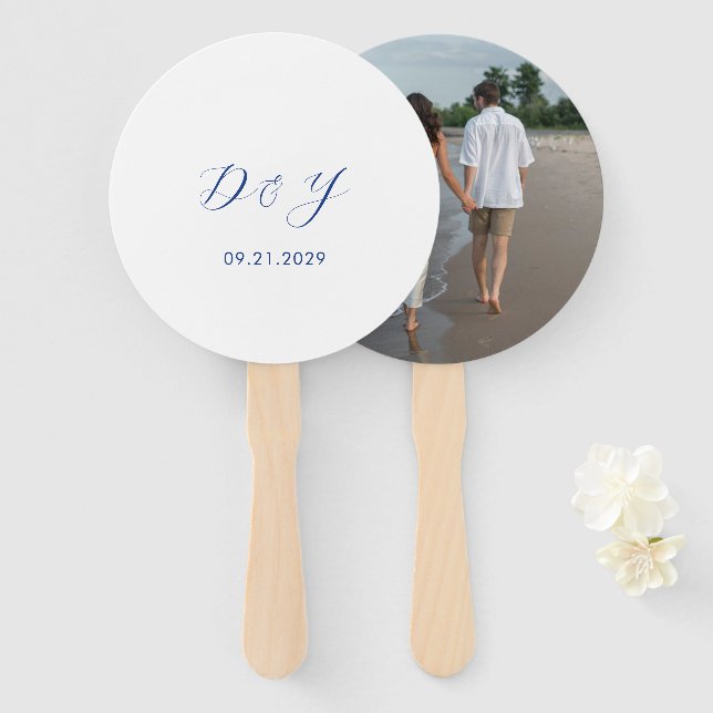 Minimalist Cobalt Blue Modern Wedding Hand Fan (Front and Back)