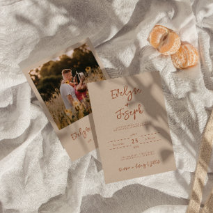 Minimalist Cocoa Cream Photo Boho Modern Wedding Invitation