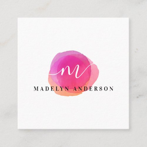 Minimalist colorful pink watercolor white monogram square business card