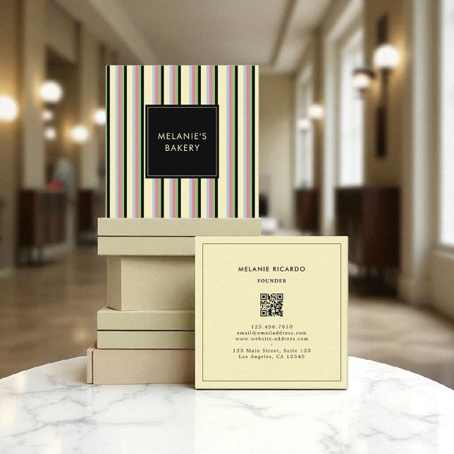 Minimalist Colorful Stripes Retro QR Code Bakery  Square Business Card (Creator Uploaded)