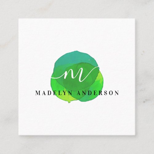 Minimalist colorful teal watercolor white monogram square business card